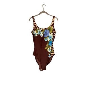 Roxanne vintage brown floral one piece modest swimsuit size large/38D￼